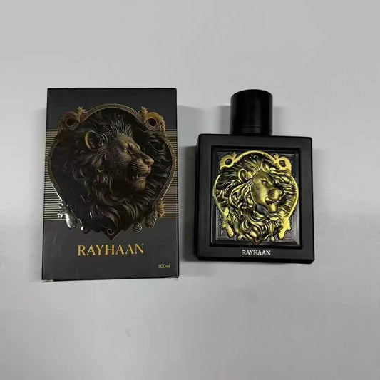 RAYHAAN lion perfume, black gold embossed lion bottle body, leather ebony tobacco wood tone, aggressive men's long-term EDP strong perfume.