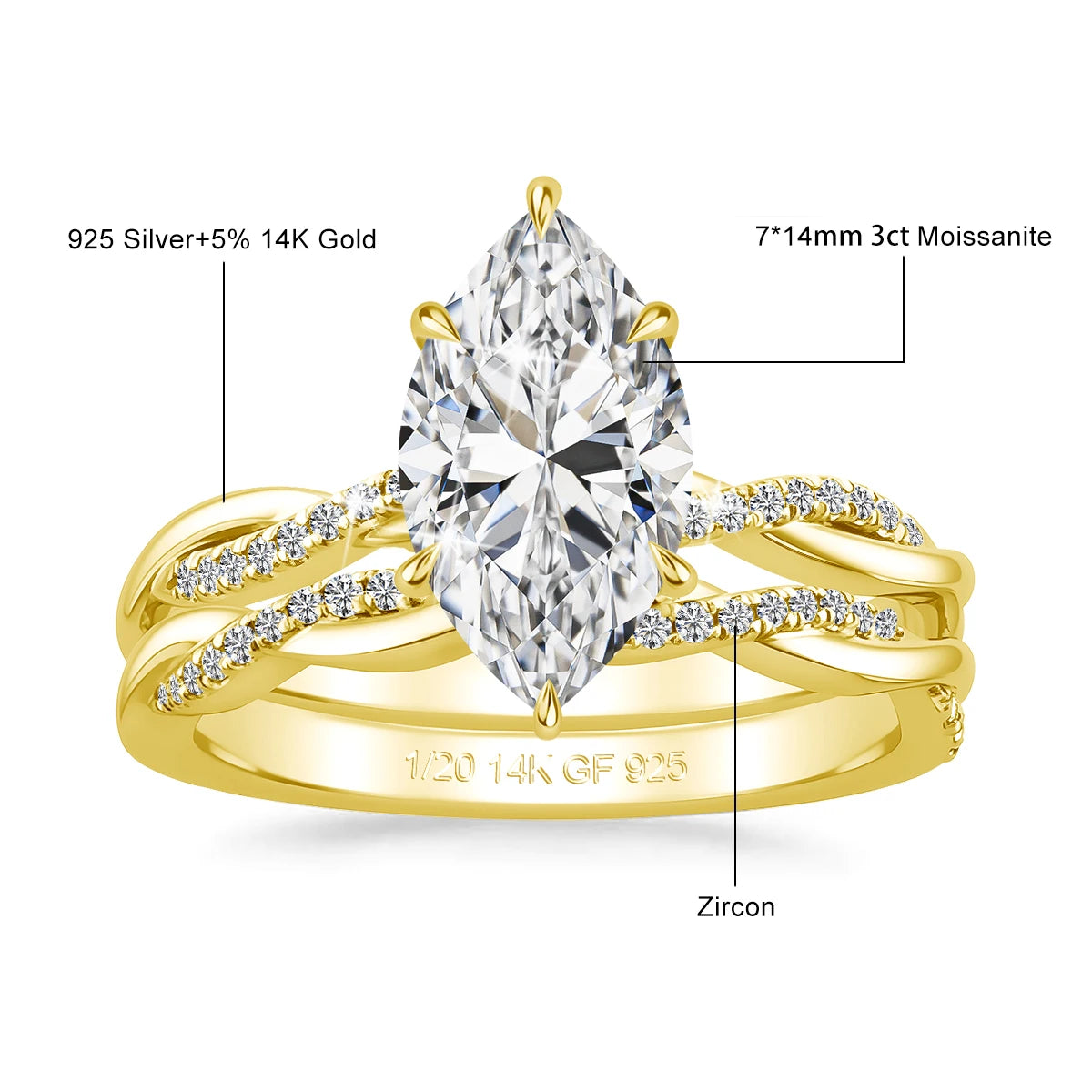 14K Gold Filled 3CT Marquise Moissanite Bride Engagement Ring Set D Color GRA Certified Gemstone Wedding Band Custom Jewelry