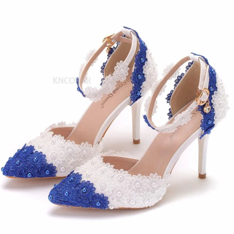 Crystal Queen Women Sandals High Heels White Blue Lace Wedding Shoes Pointed Toe Flower Pearls Pumps