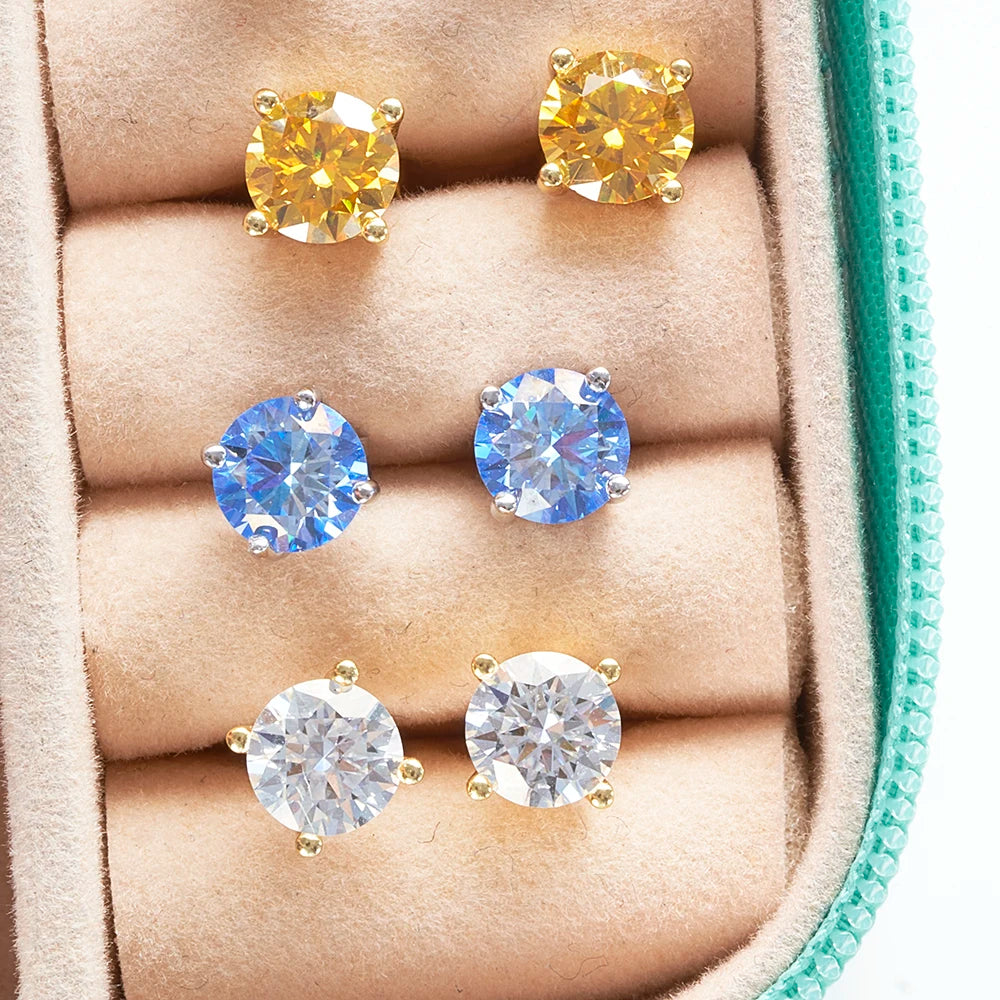 925 Sterling Silver Stud Earrings Round Brilliant Cut VVS1 White/Pink/Yellow Moissanite Test Passed Diamond for Women  Gift