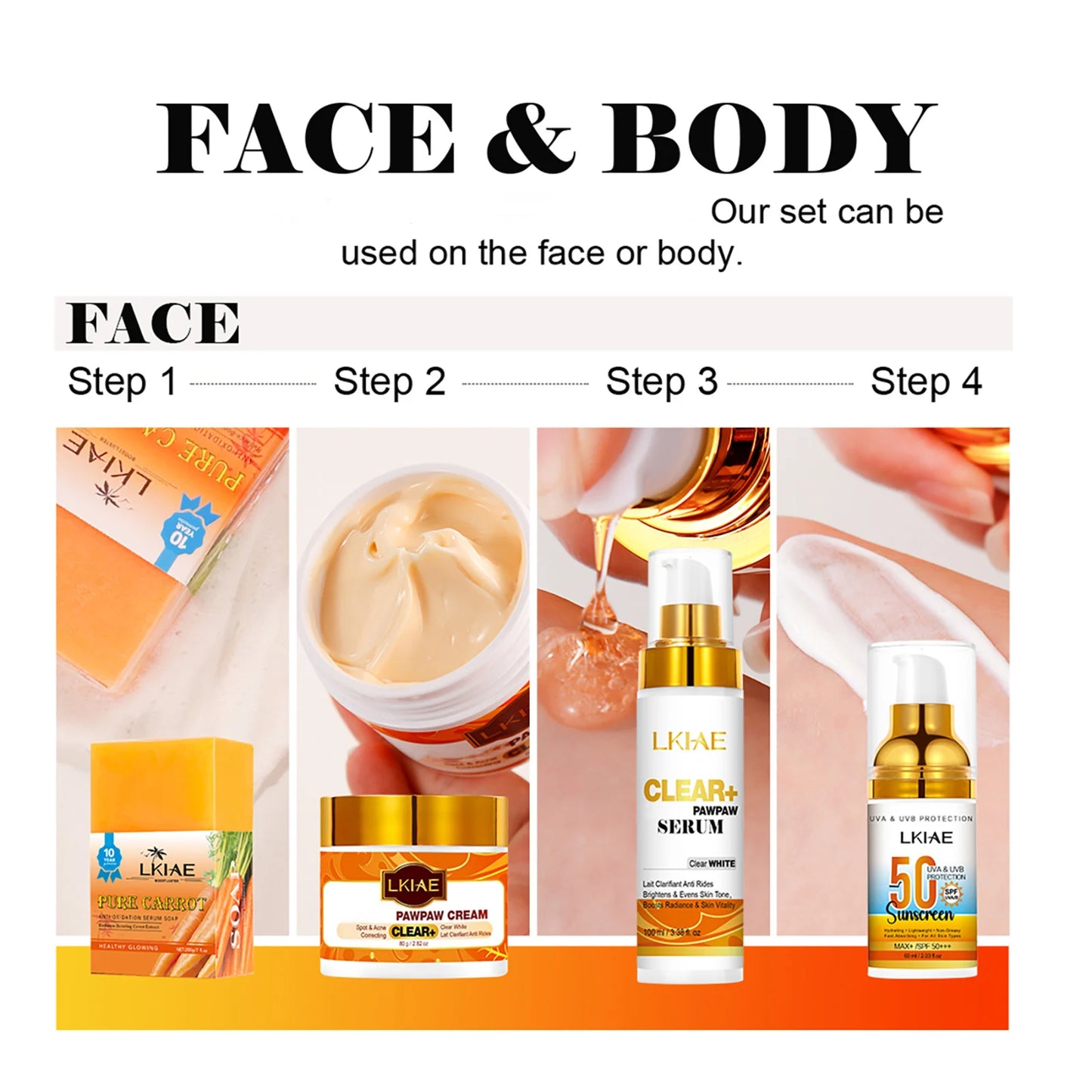 LKIAE Whitening Women Set, With Vitamin C, Natural Papaya, Carrot, Remove Dark Spots, Melanin, Skin Moisturizer, Hydrating