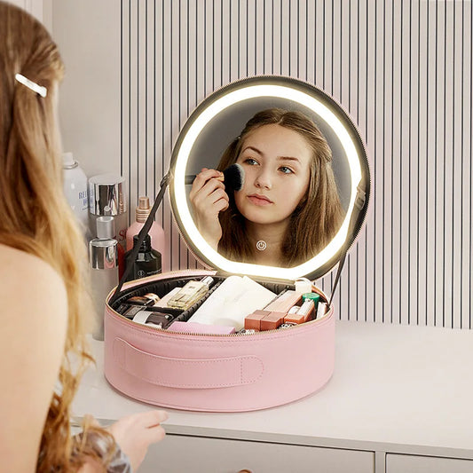 Travel PUMakeup Bag With Led Mirror, Portable Cosmetic Bag With Mirror And Light, Travel Rechargeable Makeup Bag With Led Lights