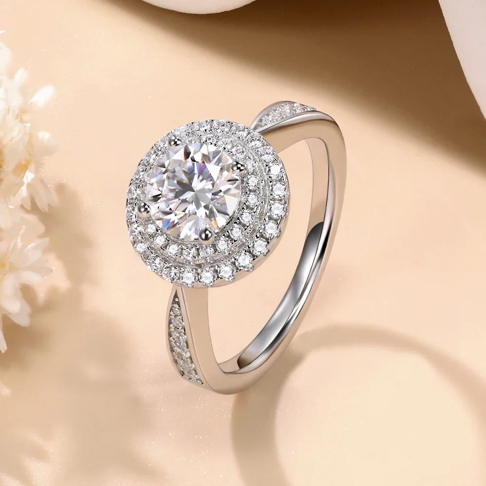 Pretty Beauty 1CT Round Moissanite Double Halo Engagement Ring for Women S925 Silver Wedding Promise Ring Anniversary Jewelry