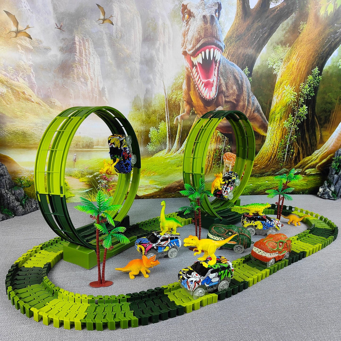 Magic Climbing Electric Dinosaur Car Track Railway Toy Car Set Bend Flexible Race Track Flash Light Car High Quality Toy For Kid