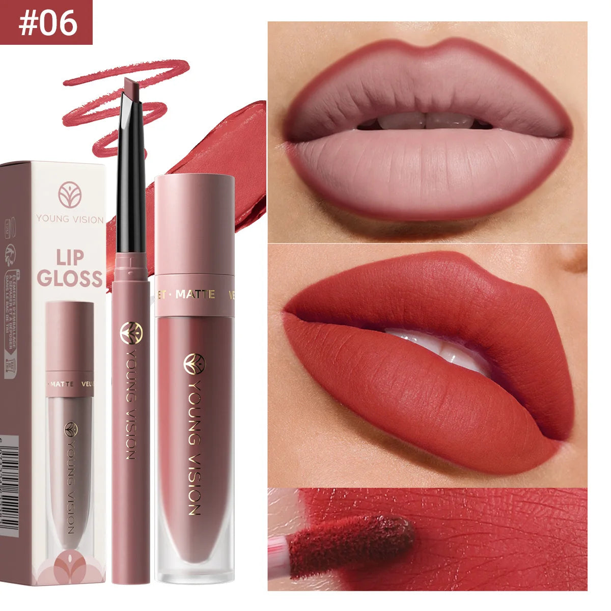 2Pcs Lip Gloss and Lip Liner Set, Matte Finish Non-Stick Cup Long-Lasting Lip Color and Liner Combo, Perfect for Defined Lips