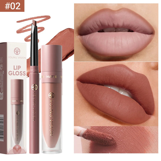 2Pcs Lip Gloss and Lip Liner Set, Matte Finish Non-Stick Cup Long-Lasting Lip Color and Liner Combo, Perfect for Defined Lips