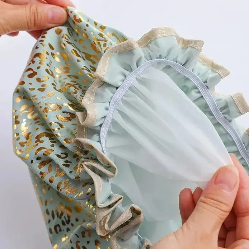 Waterproof Double Shower Cap Gold Printed Terylene Cotton Hair Cap for Women Bathing Essential
