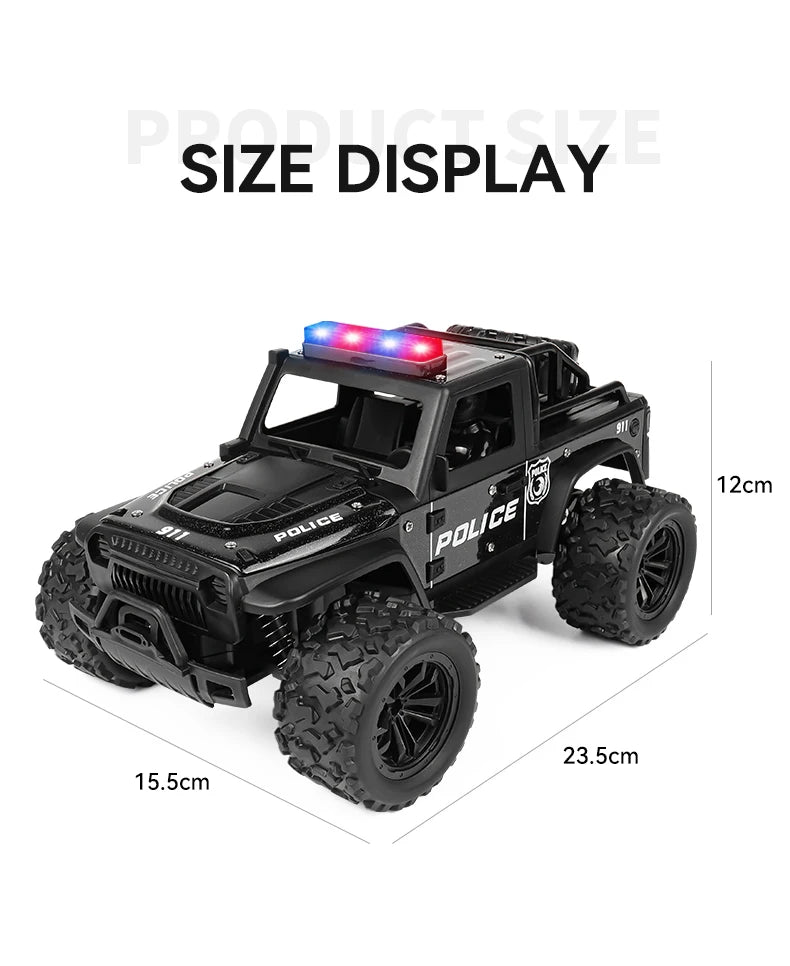 1:16 Alloy High Speed Off-Road Police Truck RC Car with Music Sound and LED Lights Outdoor Toy 2.4G Remote Control Cars