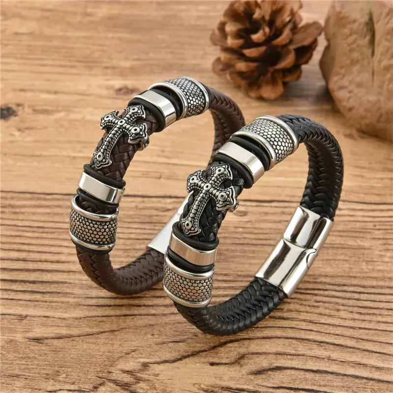 MKENDN Punk Style Stainless Steel Cross Leather Bracelet Men Charm 16 Strand Woven Leather Bracelet Magnet Clasp Boyfriend Gifts