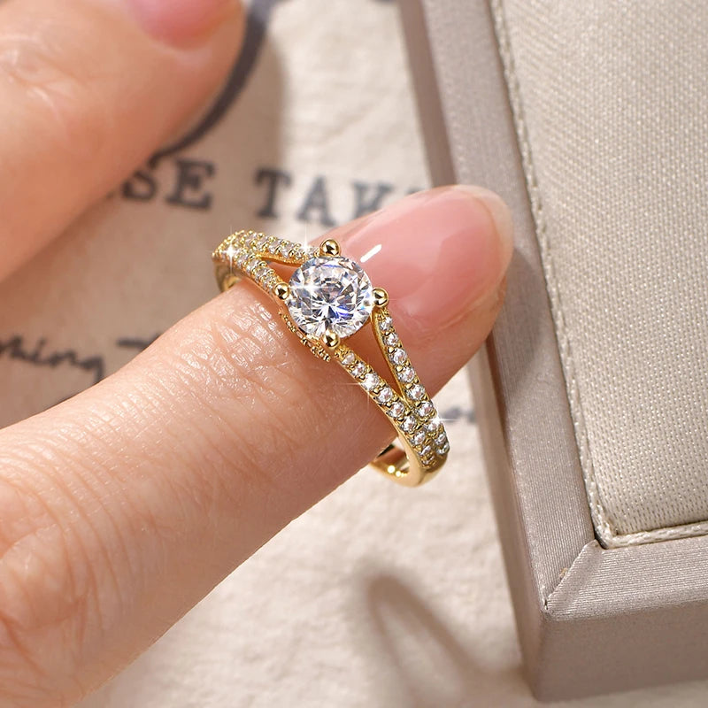 Rrjzz 14K Gold Plated 0.7CT Round Cut Cubic Zirconia Promise Eternity Engagement Weddng Ring for Women Bridal Ring Jewelry Gift