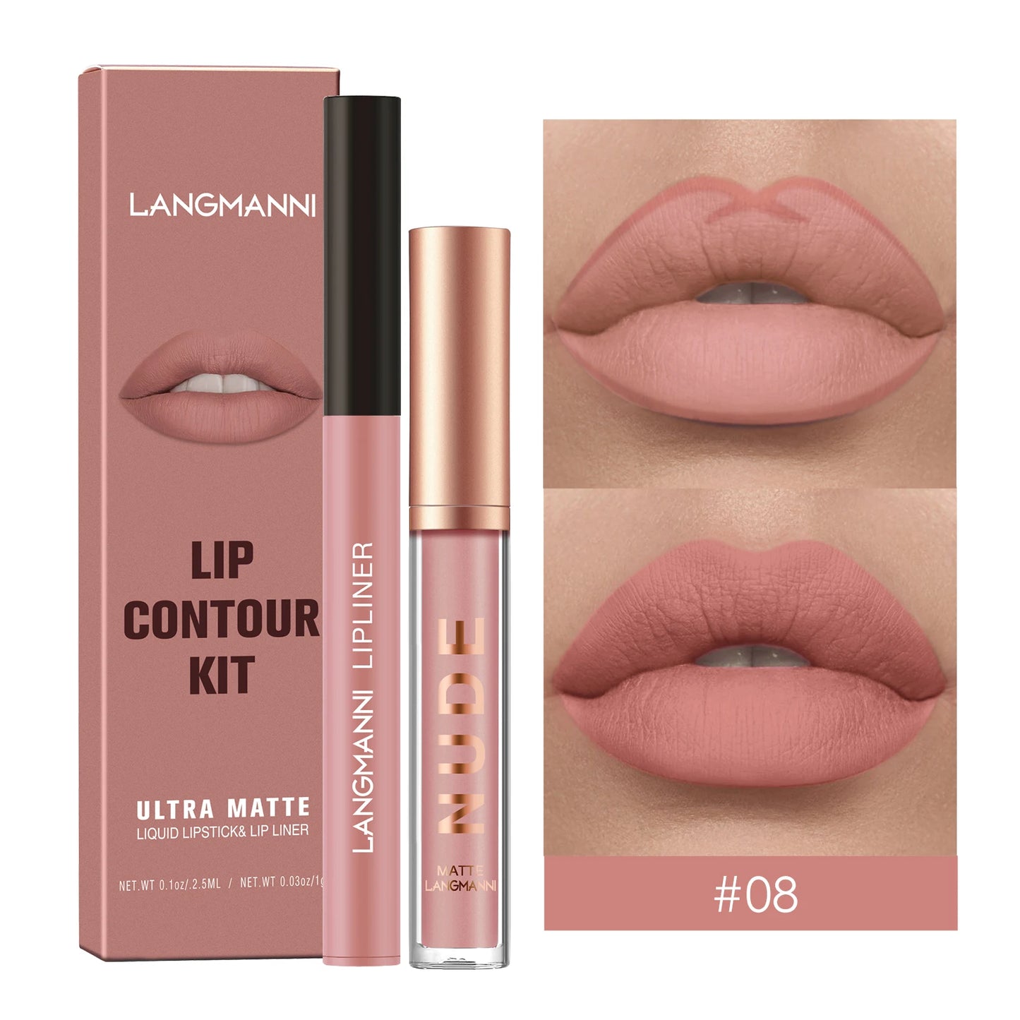 2Pcs Lip Gloss and Lip Liner Set, Matte Finish Non-Stick Cup Long-Lasting Lip Color and Liner Combo, Perfect for Defined Lips