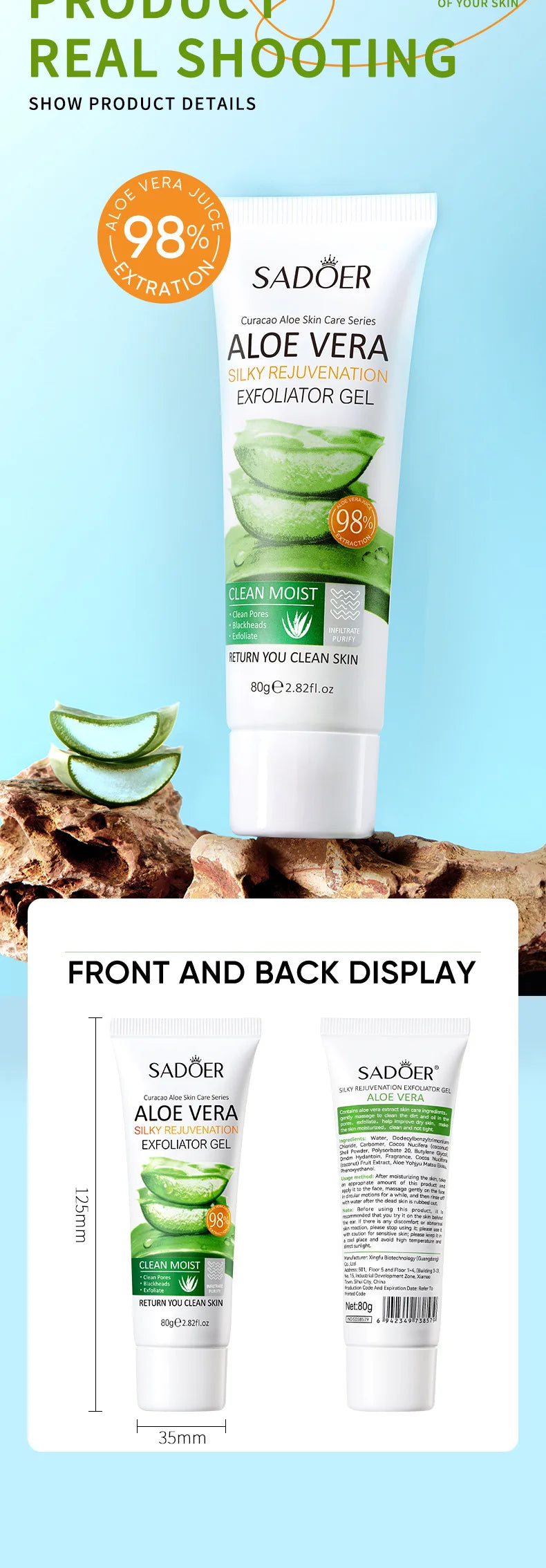 SADOER Exfoliating Aloe Vera Gel Facial Cleanser Deep Cleansing Exfoliant Gentle Moisturizing Face Exfoliation Facial Exfoliator