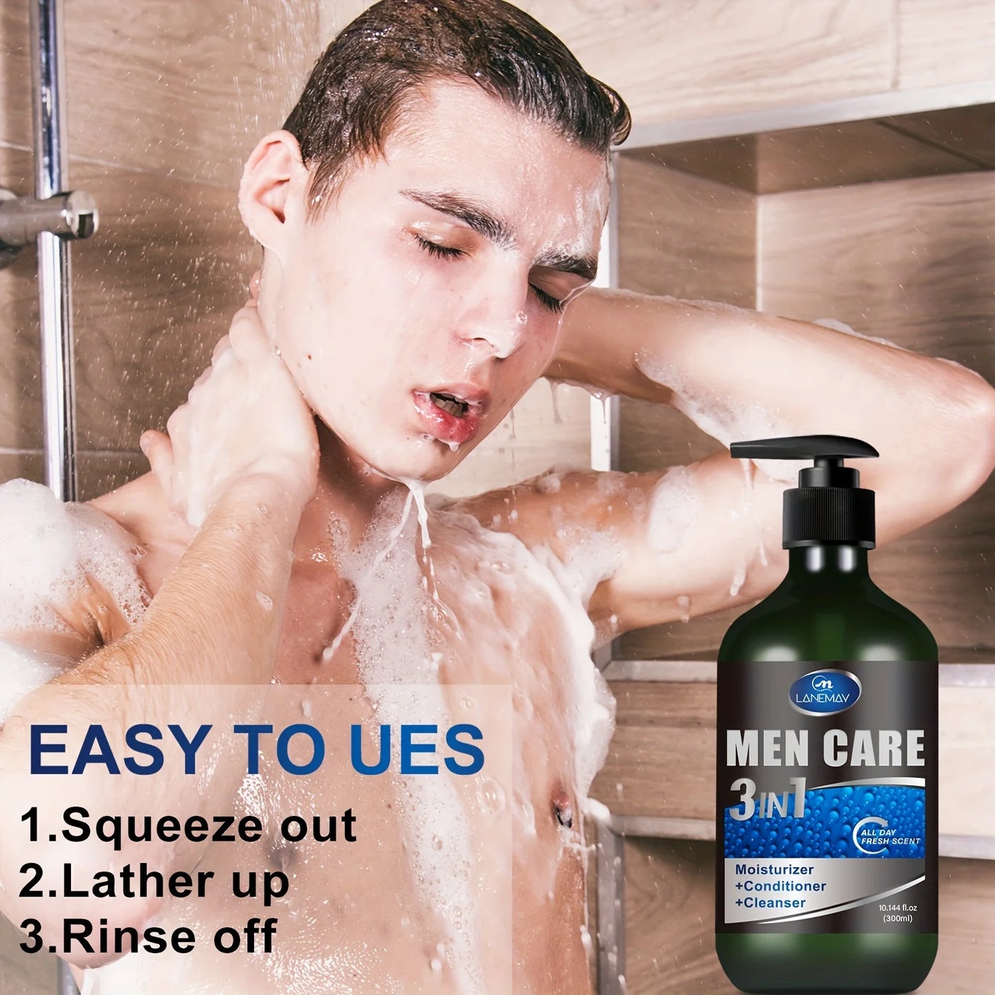 Men 3-in-1 Body, Hair and Face Wash, Rebuild Light Beige in the Shower with Plant-Based Cleansers and Moisturizers