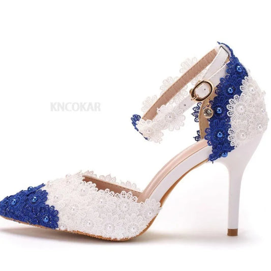 Crystal Queen Women Sandals High Heels White Blue Lace Wedding Shoes Pointed Toe Flower Pearls Pumps