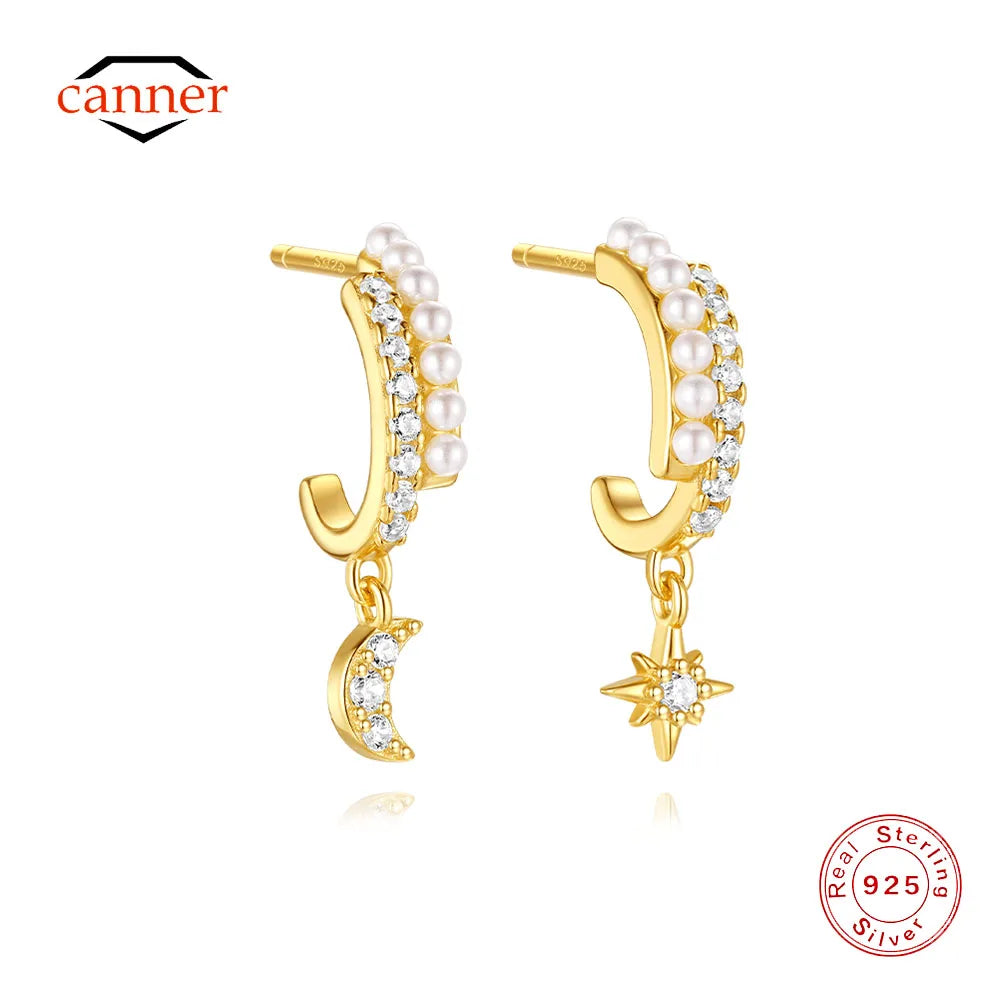 CANNER Eight Pointed Star Moon Tassel Zircon 925 Sterling Silver Drop Earrings For Women Ins Pearl Flower Minimalism Earrings