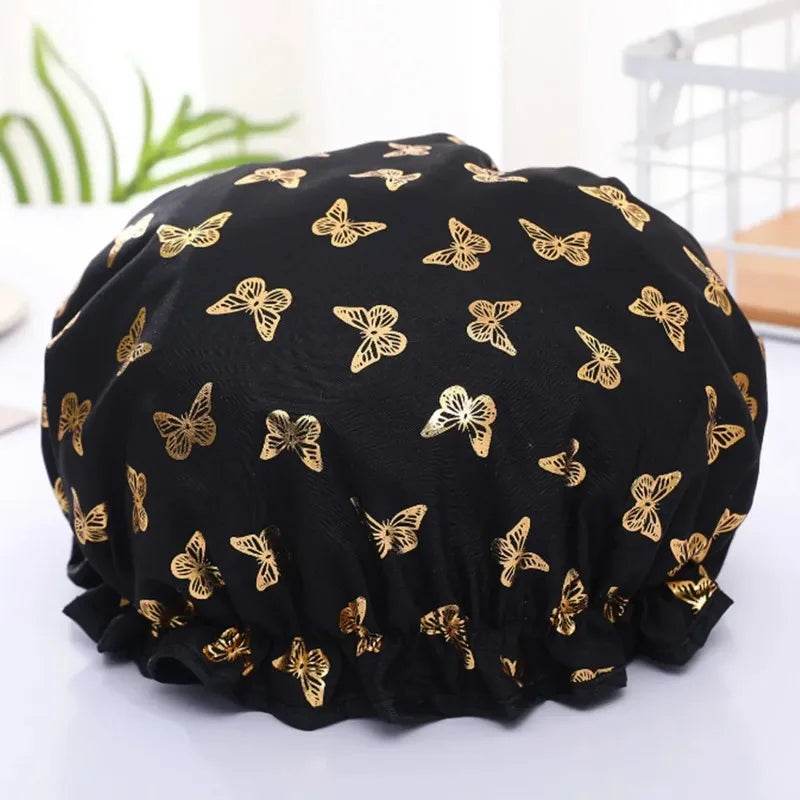 Waterproof Double Shower Cap Gold Printed Terylene Cotton Hair Cap for Women Bathing Essential