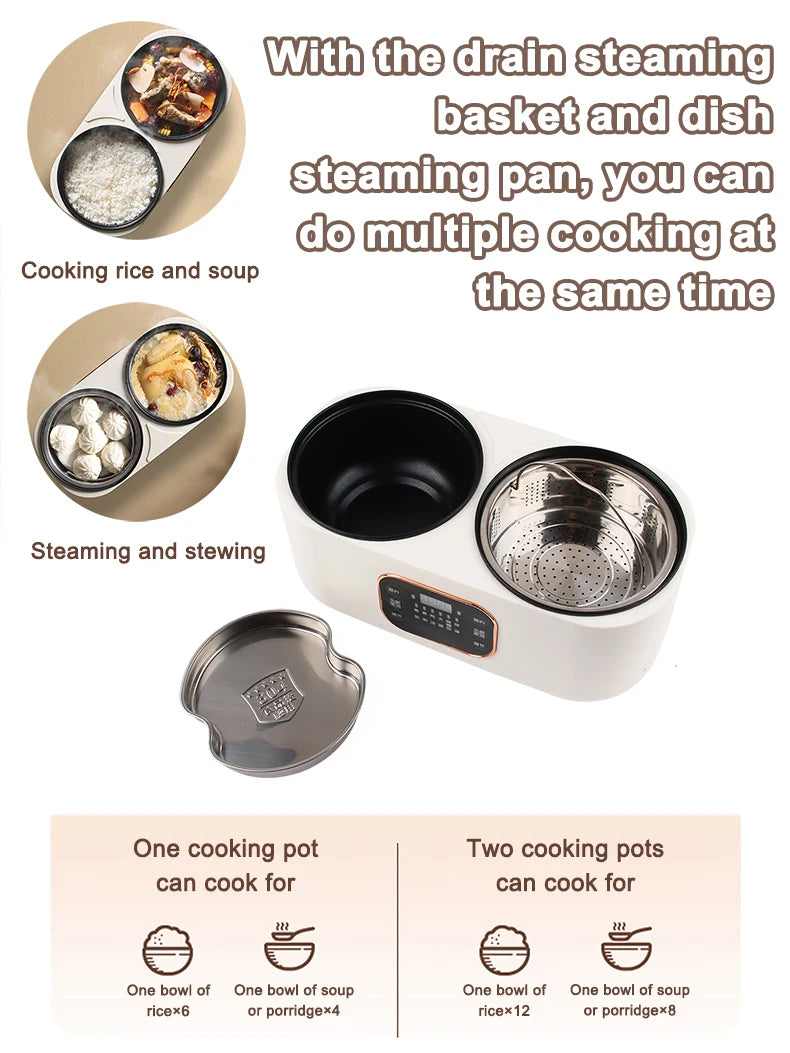 Electric Double-Liner Rice Cooker Heating Lunch Box Food Steamer Non-stick Pan Cooking Hot Pot Soup Stew Skillet Meals Heater