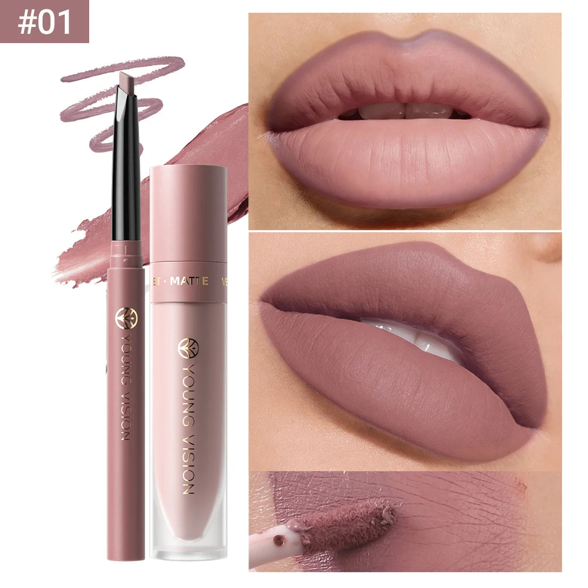2Pcs Lip Gloss and Lip Liner Set, Matte Finish Non-Stick Cup Long-Lasting Lip Color and Liner Combo, Perfect for Defined Lips