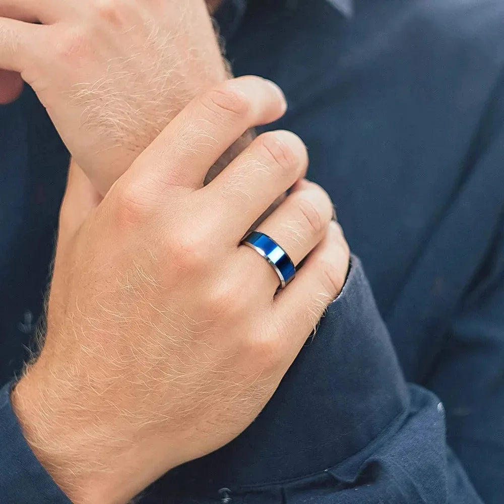 Fashion Blue Color Stainless Steel Rings For Men Blue Brushed Beveled Edge Steel Engagement Rings Men Wedding Band Jewelry Gift