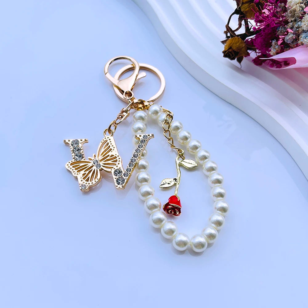 Exquisite Initial A-Z 26 Butterfly Capital Letters Red Rose Keyring Crystal Resin Pearl Beaded Keychain Bag Pendant Women Gift