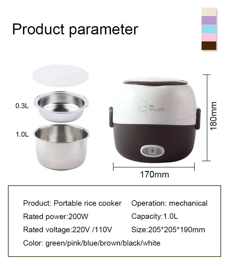 DMWD MINI Rice Cooker Thermal Heating Electric Lunch Box 1/2 Layers Portable Food Steamer Cooking Container Meal Lunchbox Warmer