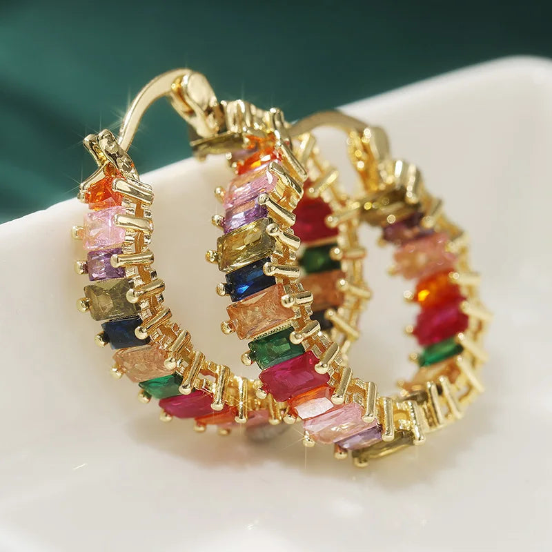 Luxury Gold Color Inlaid Multicolored Cubic Zirconia Copper Hoops Women's Earrings Party Earrings Woman Fashion Jewelry