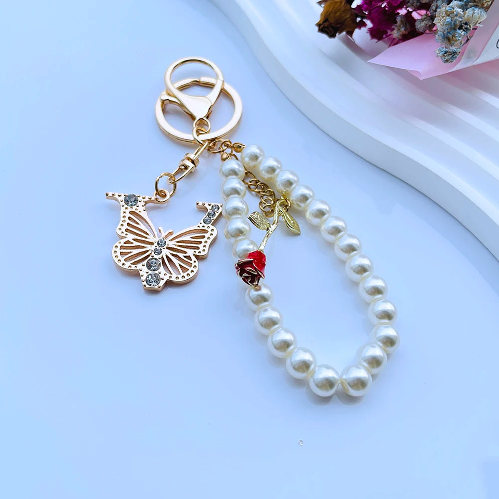 Exquisite Initial A-Z 26 Butterfly Capital Letters Red Rose Keyring Crystal Resin Pearl Beaded Keychain Bag Pendant Women Gift