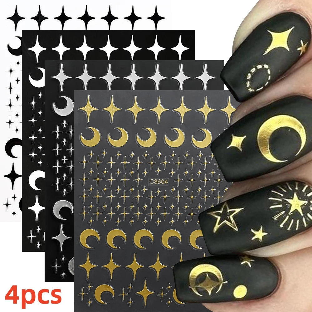 7pcs/Set Bronzing Gold/Silver Nail Art Sticker Sun Stars Moon Design Nail Decals 8*10CM Laser Bohemia Self-Adhesive Slider NLS
