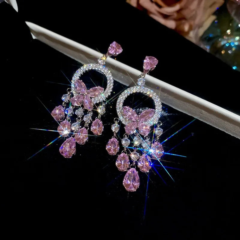 Creative Round Butterfly Earrings for Women Sparkling Rhinestone Water Drop Tassel Earring Elegant Fashion Jewelry Dress Gift C1