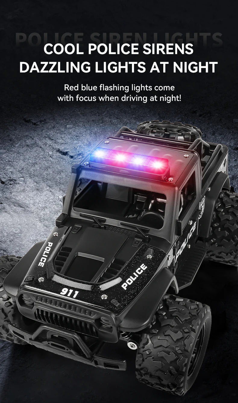 1:16 Alloy High Speed Off-Road Police Truck RC Car with Music Sound and LED Lights Outdoor Toy 2.4G Remote Control Cars