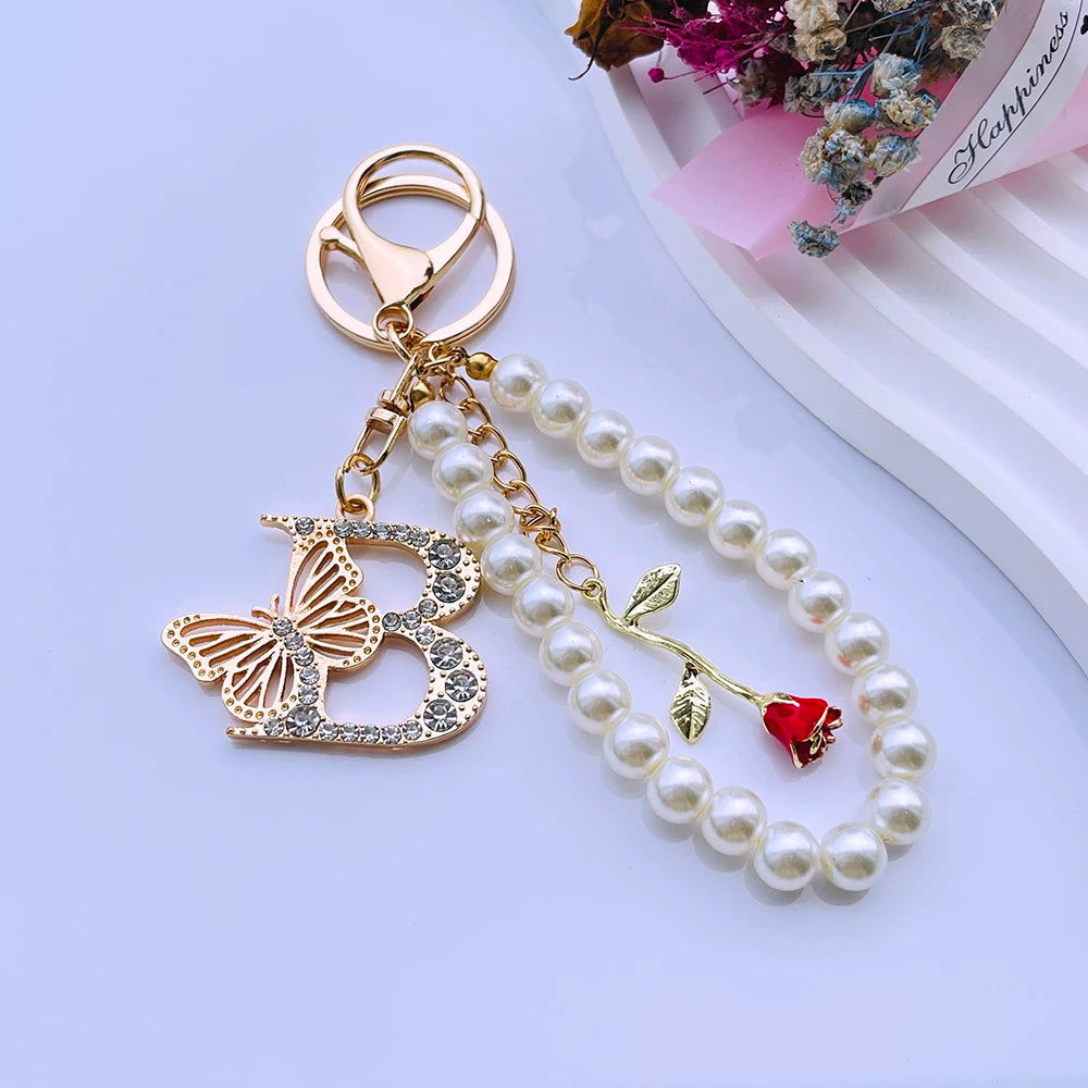Exquisite Initial A-Z 26 Butterfly Capital Letters Red Rose Keyring Crystal Resin Pearl Beaded Keychain Bag Pendant Women Gift