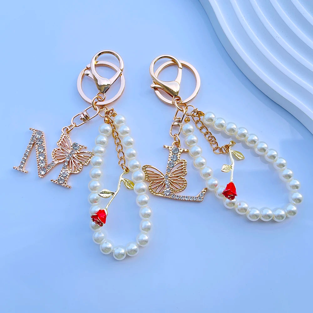 Exquisite Initial A-Z 26 Butterfly Capital Letters Red Rose Keyring Crystal Resin Pearl Beaded Keychain Bag Pendant Women Gift
