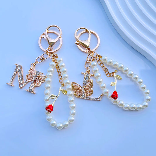 Exquisite Initial A-Z 26 Butterfly Capital Letters Red Rose Keyring Crystal Resin Pearl Beaded Keychain Bag Pendant Women Gift