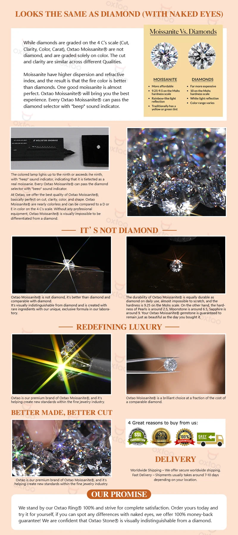 OXTAO 6.5mm/8mm Certified D Moissanite Clip Earrings Minimalist Design Dangle Drop Earrings for Women 14K Gold Filled Jewelry