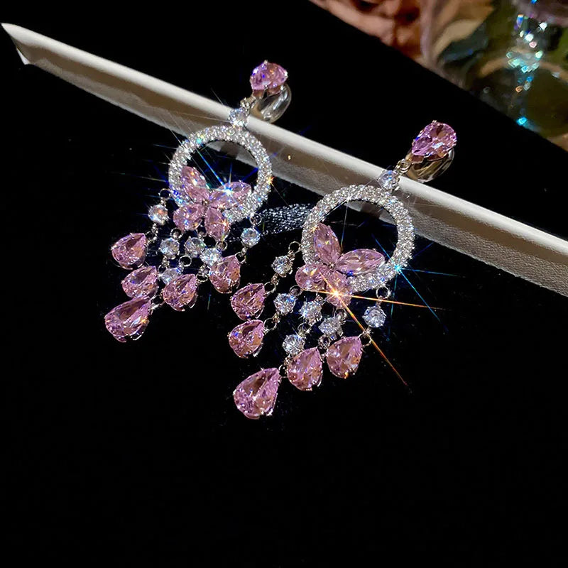 Creative Round Butterfly Earrings for Women Sparkling Rhinestone Water Drop Tassel Earring Elegant Fashion Jewelry Dress Gift C1