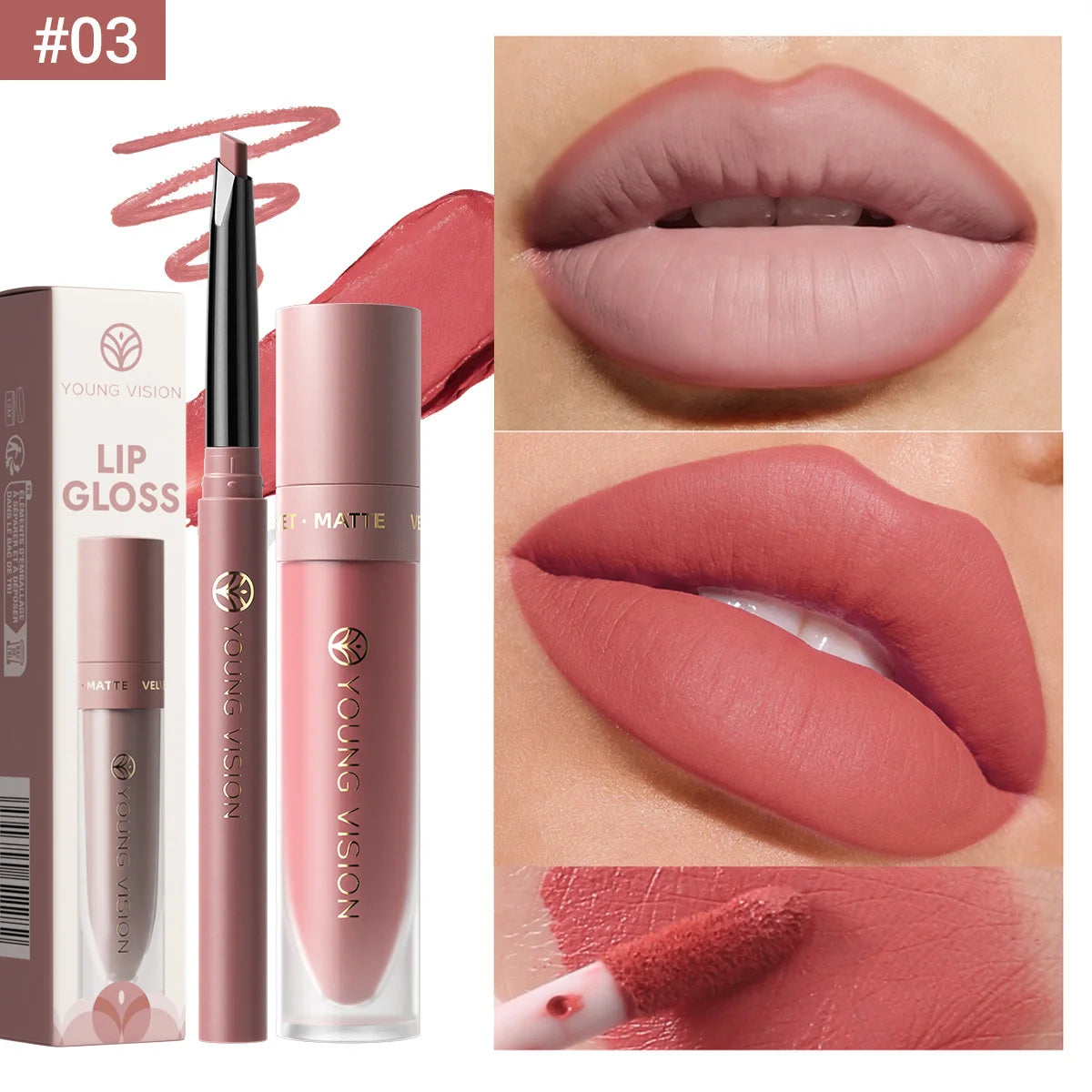 2Pcs Lip Gloss and Lip Liner Set, Matte Finish Non-Stick Cup Long-Lasting Lip Color and Liner Combo, Perfect for Defined Lips