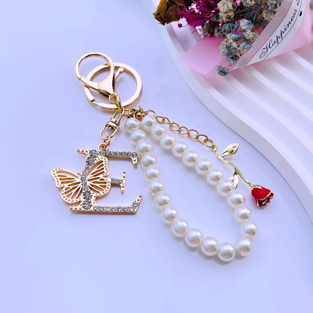 Exquisite Initial A-Z 26 Butterfly Capital Letters Red Rose Keyring Crystal Resin Pearl Beaded Keychain Bag Pendant Women Gift