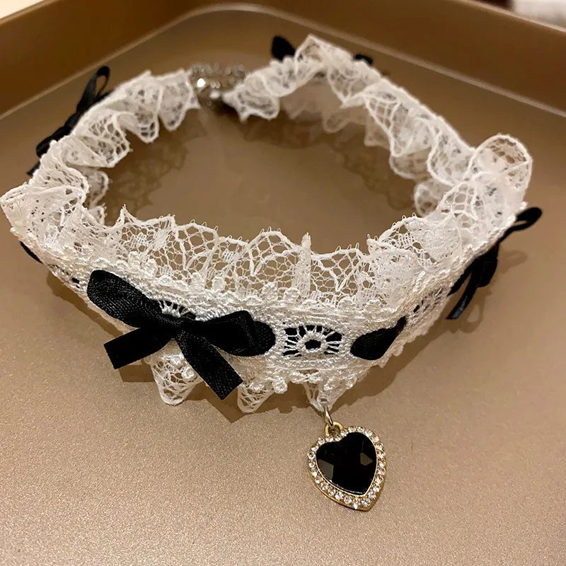 Pink Lace Bow Chokers Necklaces for Women Lolitas Heart Pendant Necklace Wide Ribbon Collar Cosplay Uniform Accessories