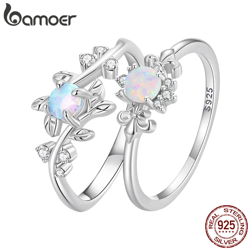 BAMOER 925 Sterling Silver Leaf Ring White Opal Rings Elegant Vine Ring for Women Birthday Gift with Jewelry Box BSR309