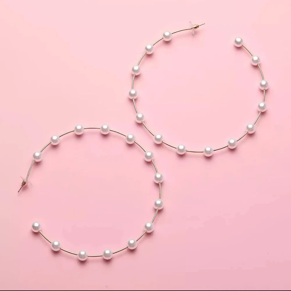 Gold/Silver Color Imitation Pearl Bead Oversize Big Hoop Earrings for Women Large Hoop Statement Earrings Festival Party Jewelry