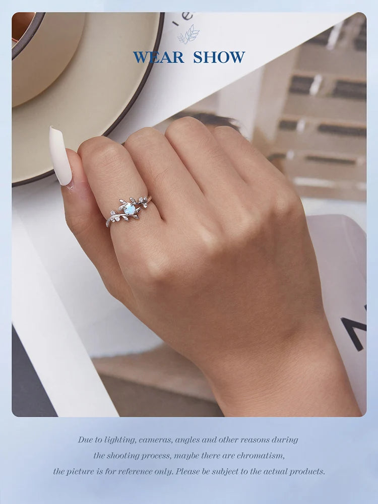 BAMOER 925 Sterling Silver Leaf Ring White Opal Rings Elegant Vine Ring for Women Birthday Gift with Jewelry Box BSR309