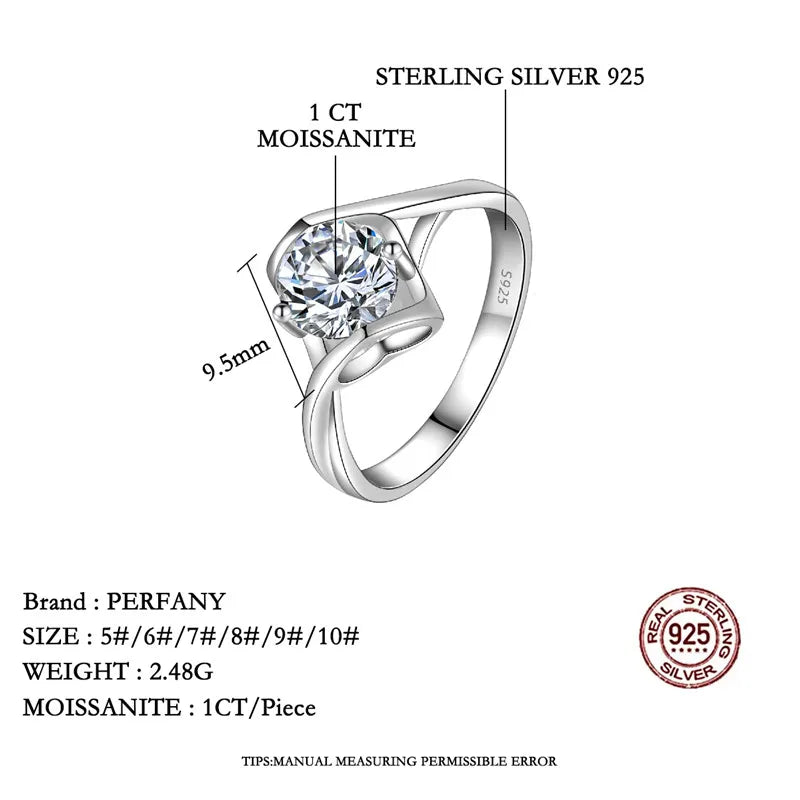 PERFANY 0.5/1CT Moissanite Engagement Ring for Women S925 Pure Silver Angel Kiss Laboratory Certified Diamond Wedding Jewelry