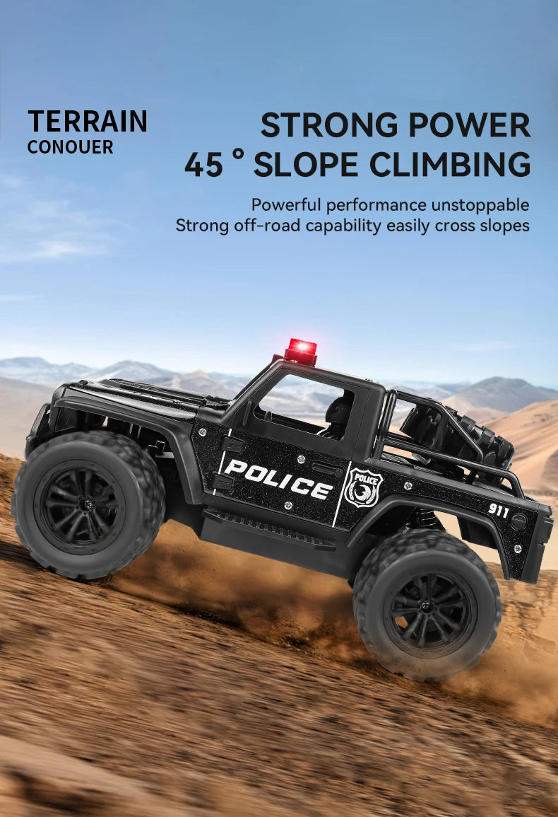1:16 Alloy High Speed Off-Road Police Truck RC Car with Music Sound and LED Lights Outdoor Toy 2.4G Remote Control Cars