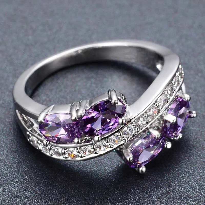 925 Sterling Silver Female Purple Round Zircon Stone Finger Engagement Ring Vintage Wedding Band Bridal Jewelry For Women