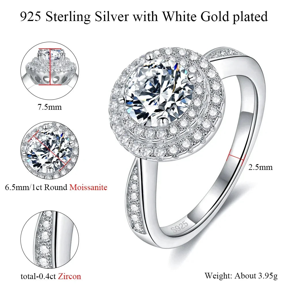 Pretty Beauty 1CT Round Moissanite Double Halo Engagement Ring for Women S925 Silver Wedding Promise Ring Anniversary Jewelry