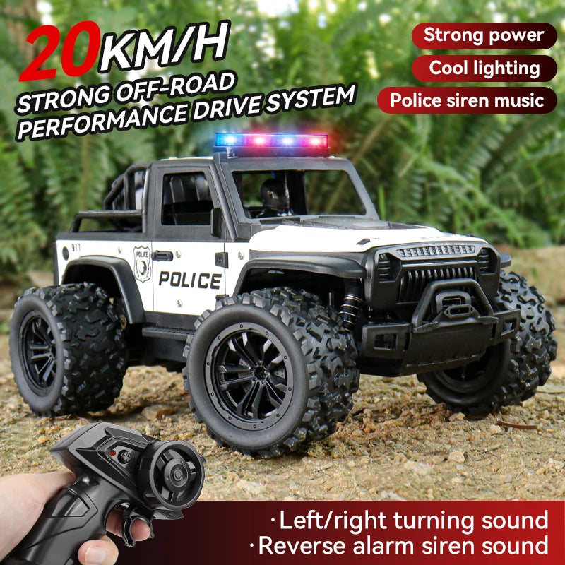 1:16 Alloy High Speed Off-Road Police Truck RC Car with Music Sound and LED Lights Outdoor Toy 2.4G Remote Control Cars