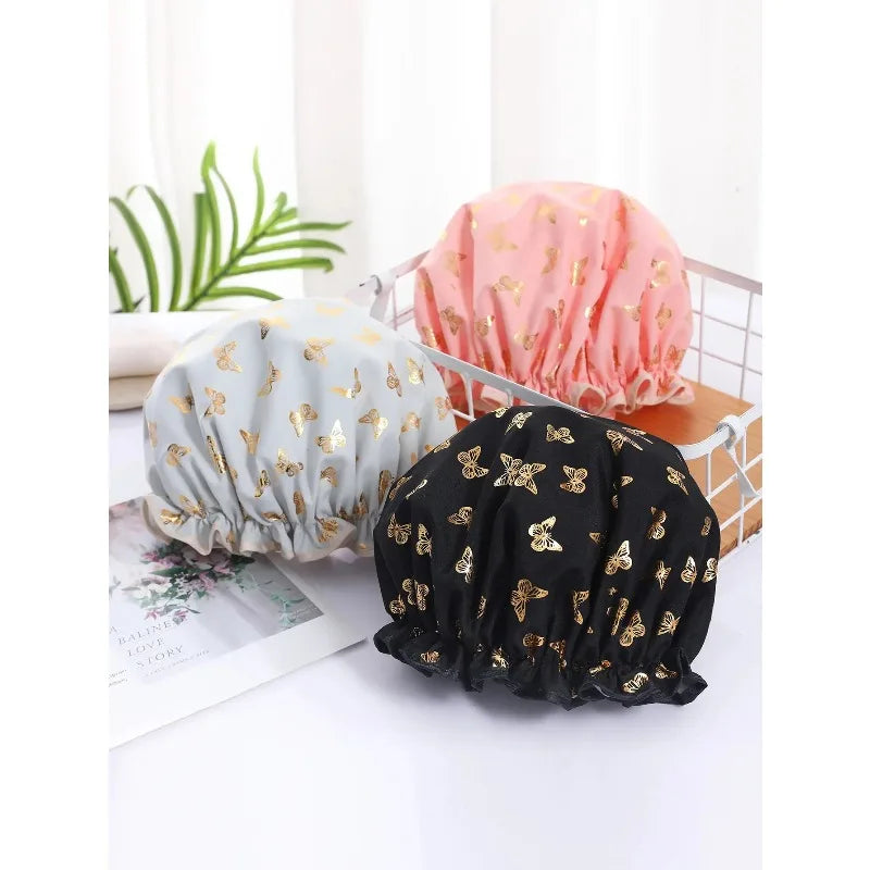 Waterproof Double Shower Cap Gold Printed Terylene Cotton Hair Cap for Women Bathing Essential