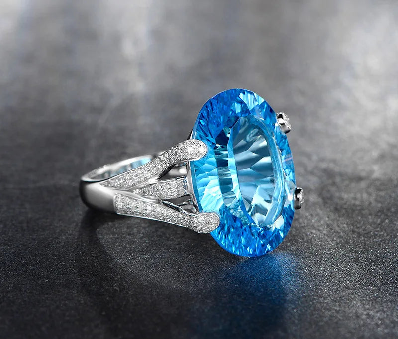 2023 New Fashion 925 Silver Luxury Quality Blue Topaz Band Ring for Women Upscale Anniversary White Gold Plated Finger Jewelry