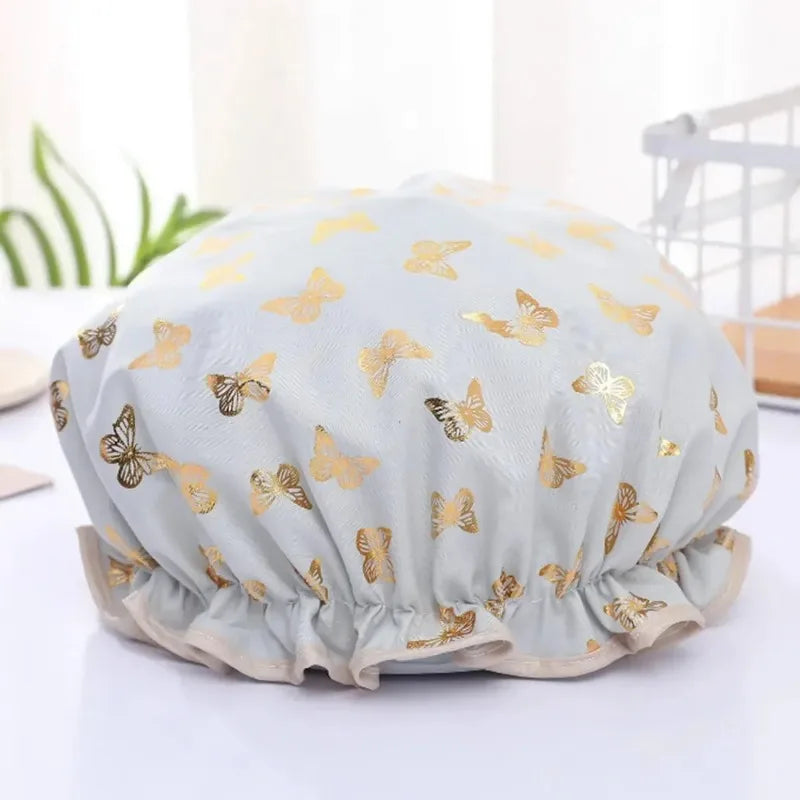 Waterproof Double Shower Cap Gold Printed Terylene Cotton Hair Cap for Women Bathing Essential