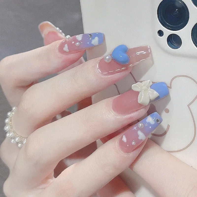 24Pcs+tools sea blue fake nails 3D moon rhinestones press on nails long coffin wearable false nail full cover luxury nails patch